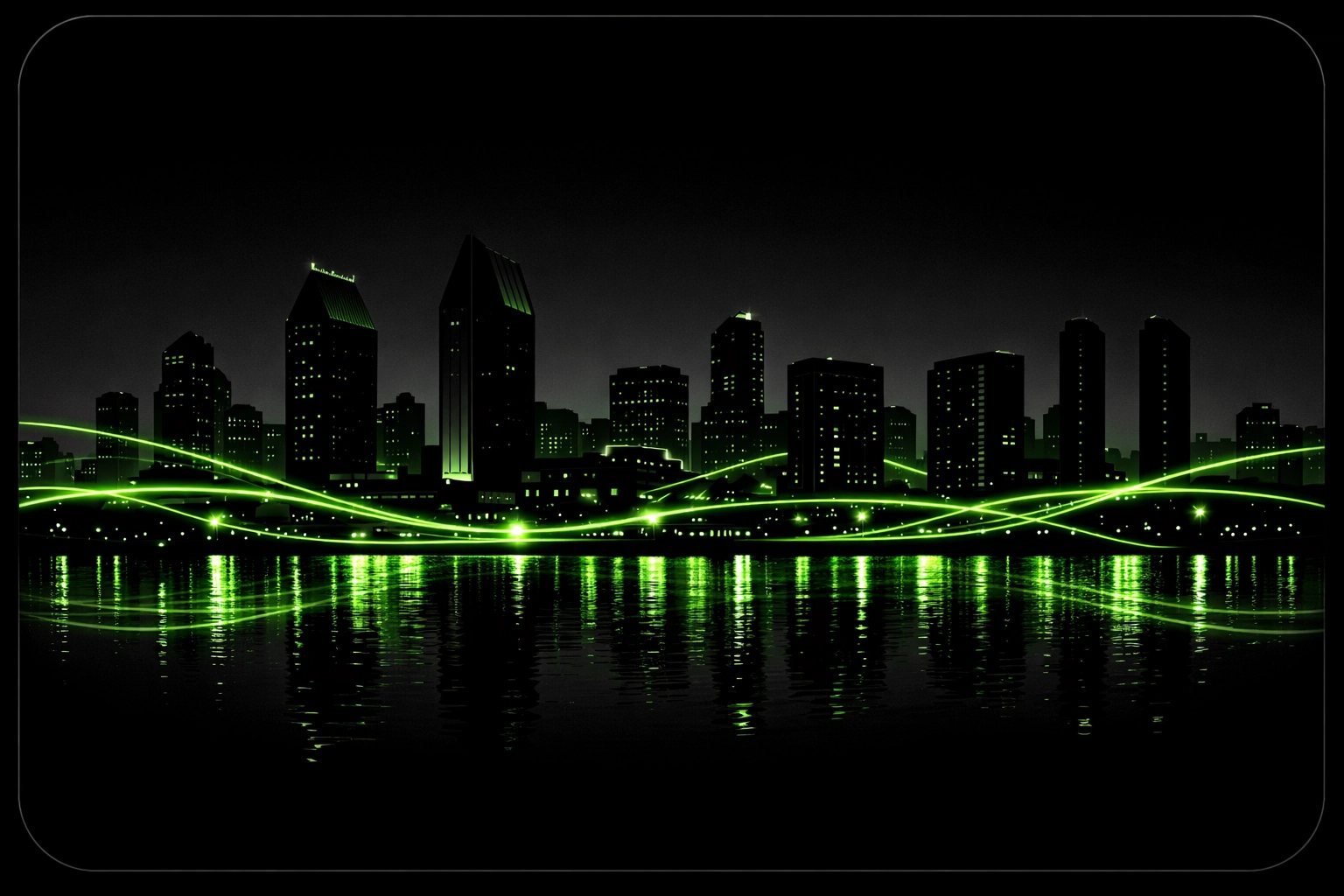 San Diego skyline with digital light trails highlighting real estate network connectivity.