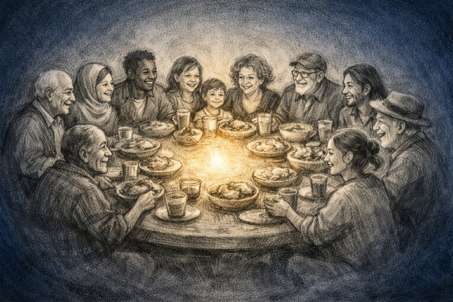 Diverse community sharing a meal, symbolizing fellowship and revival at First Assembly Memphis.