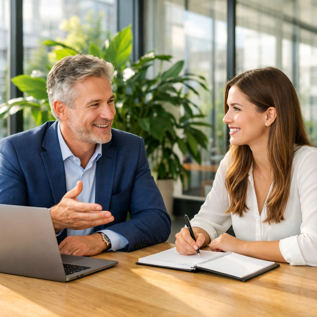 Business partners discussing retirement account contributions and tax-efficient planning.