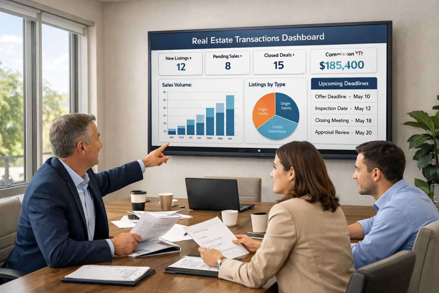Real estate team reviewing transaction coordination dashboard during professional strategy meeting