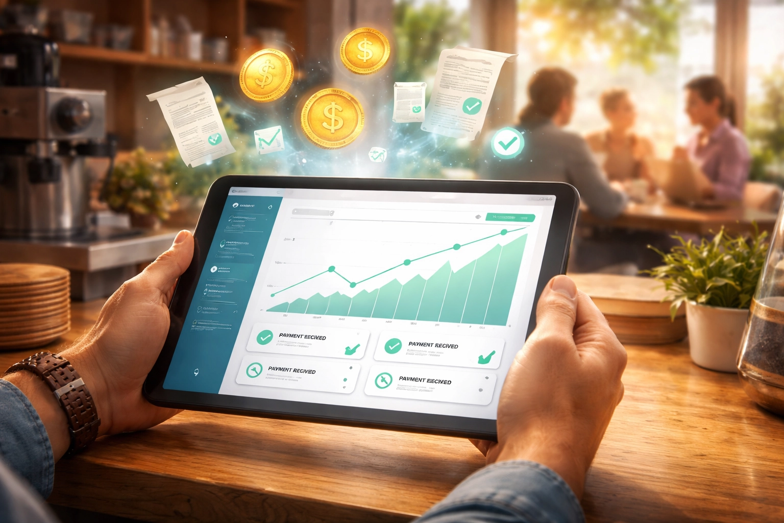 Small business owner reviewing digital payments and receipts on a tablet in a coffee shop, highlighting Larecoin's merchant tools