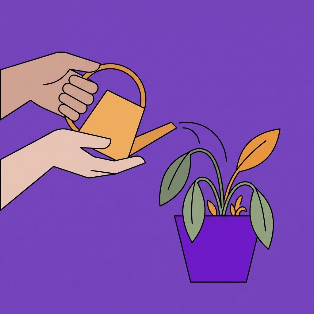 Hands watering a wilting potted plant, depicting gentle self-care and the power of small changes.