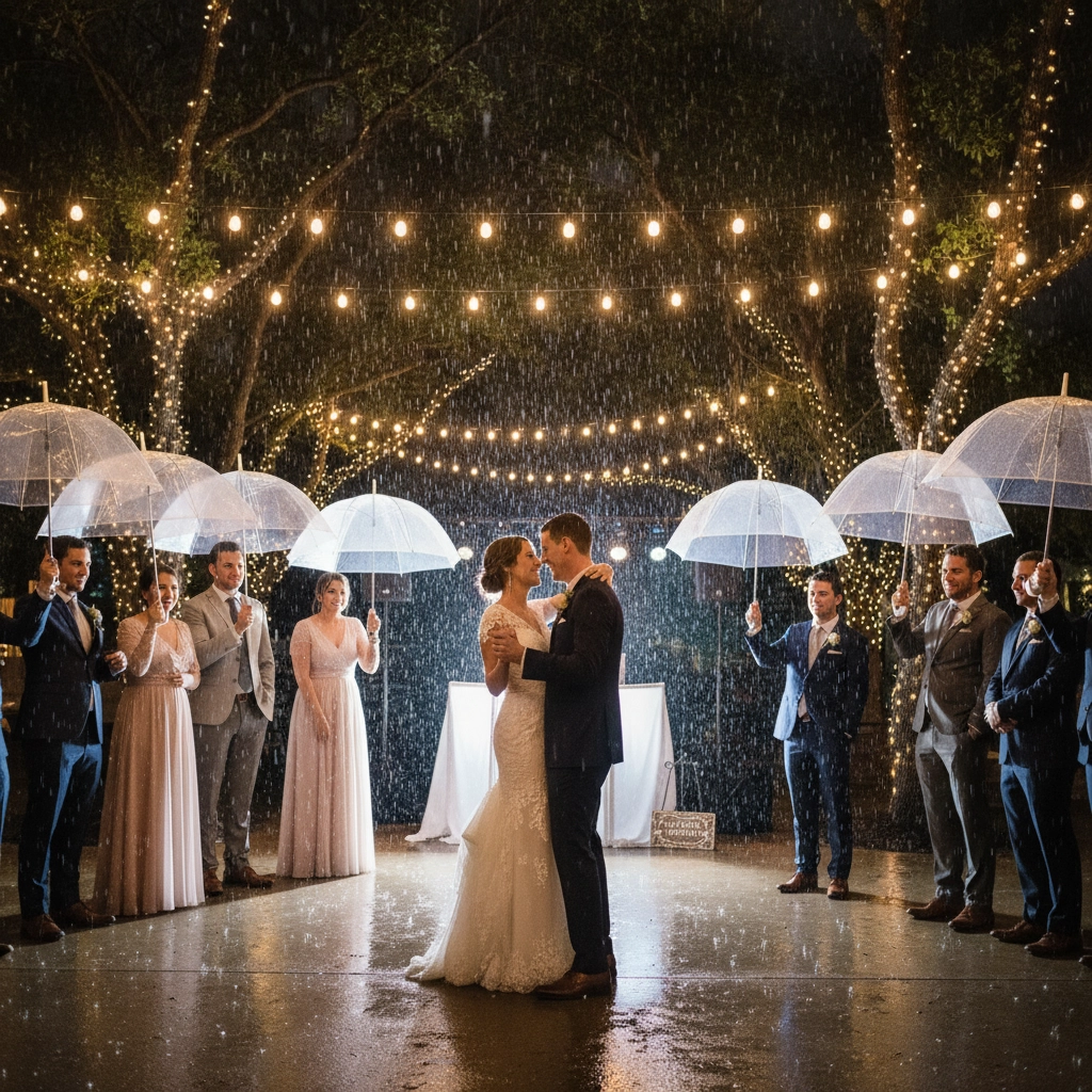 Bride and groom dance under string lights in rain, surrounded by bridal party with clear umbrellas. Romantic, joyful atmosphere.