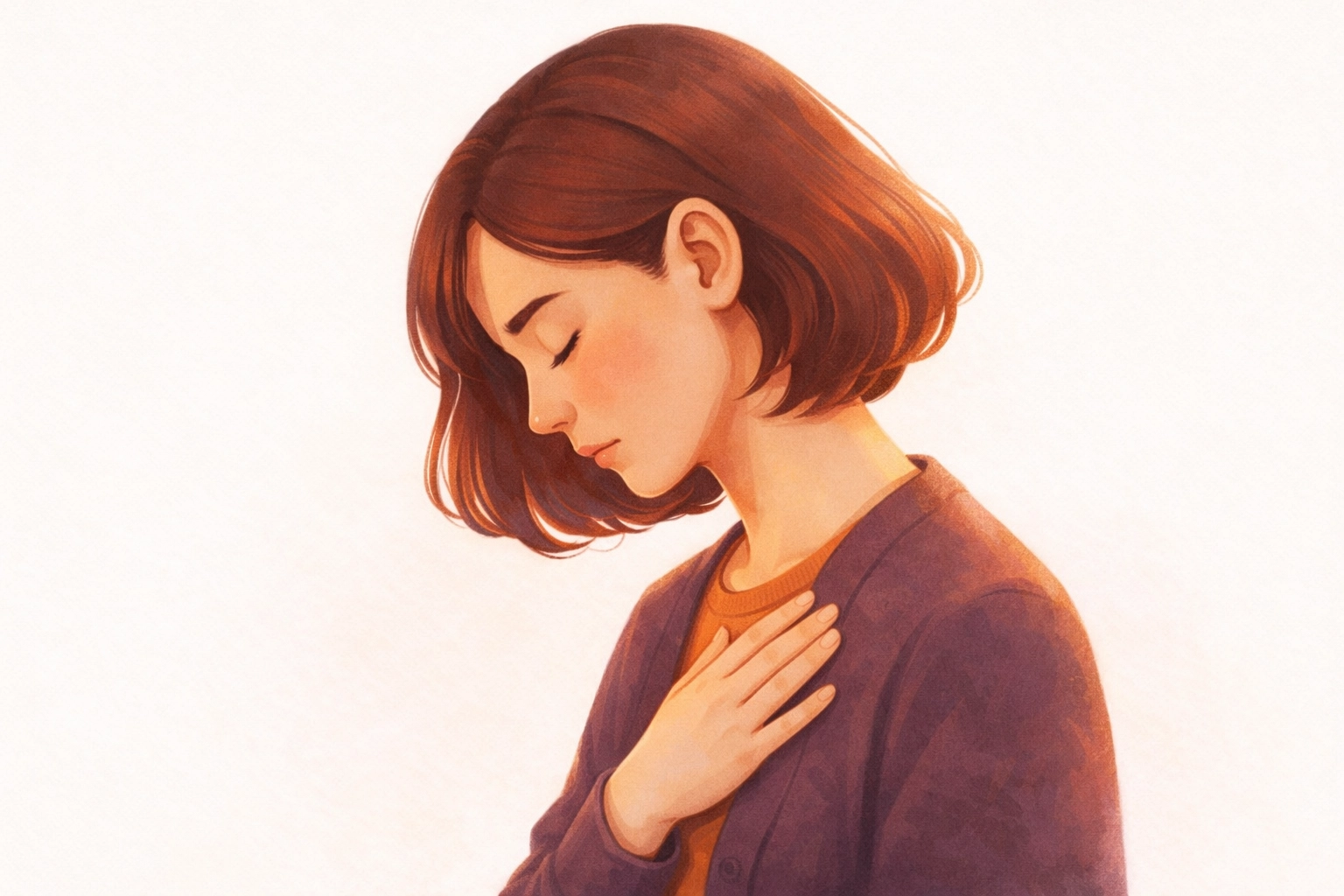 Sharp painterly profile portrait of someone looking exhausted but listening to their body, with warm orange and deep plum light catching their features on a bright minimalist background