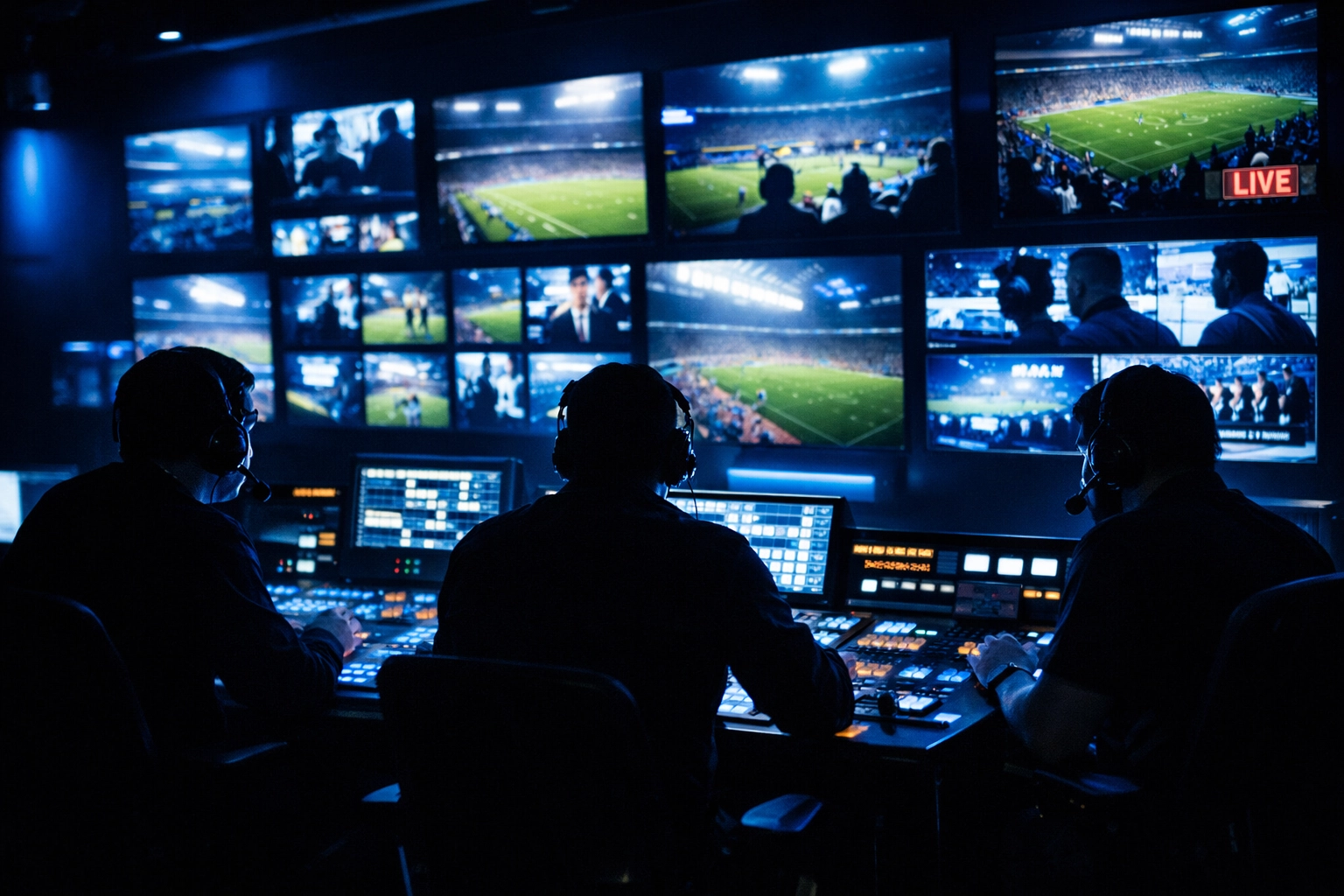 Broadcast control room with multiple monitors showing sports media project management precision