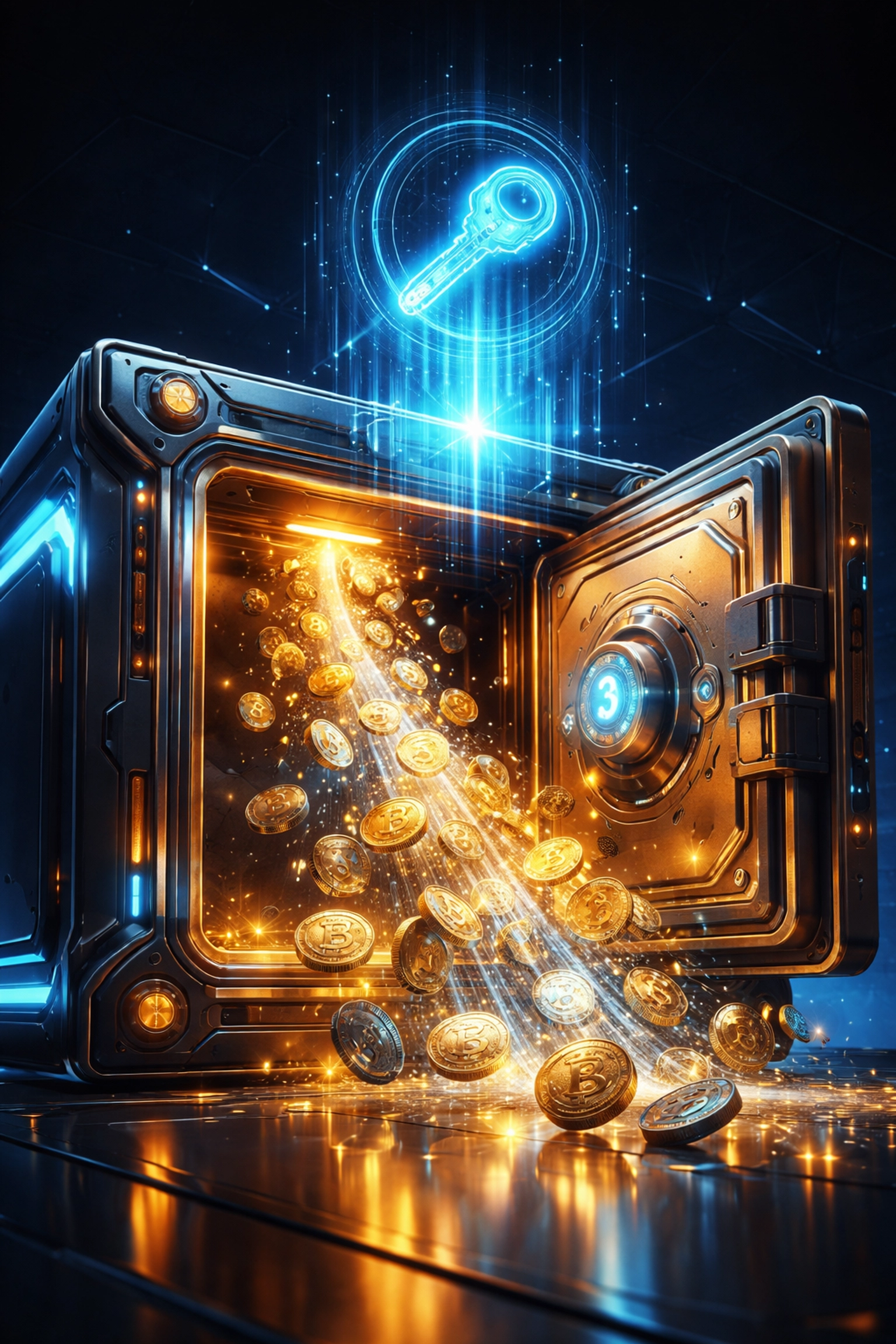 Futuristic digital vault representing self-custody crypto payments and financial sovereignty for merchants