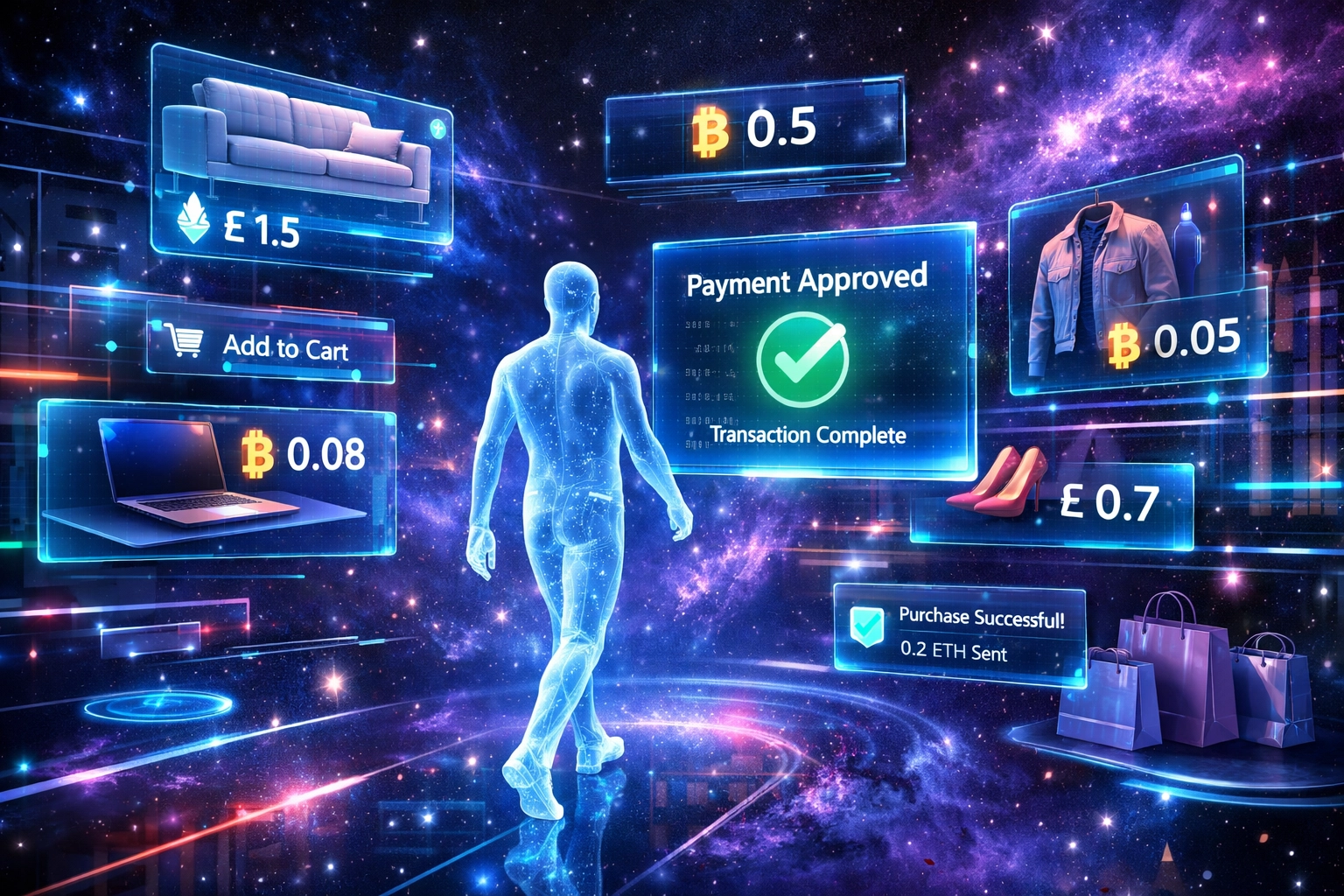 VR shopping experience in Larecoin metaverse with virtual storefront and holographic product displays