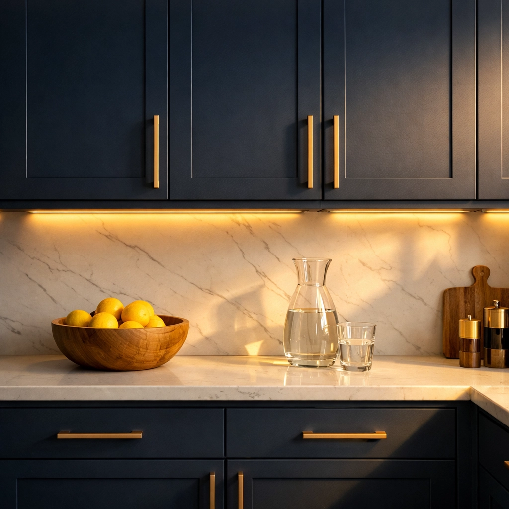 Stunning kitchen cabinet makeover with navy blue doors, gold hardware, and elegant under-cabinet lighting.