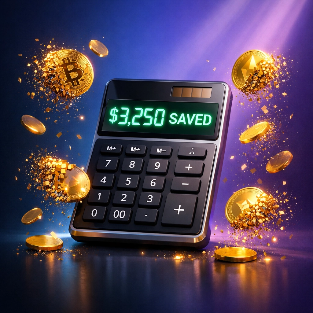 Digital calculator showing $3,250 annual savings from reduced merchant interchange fees with crypto payments