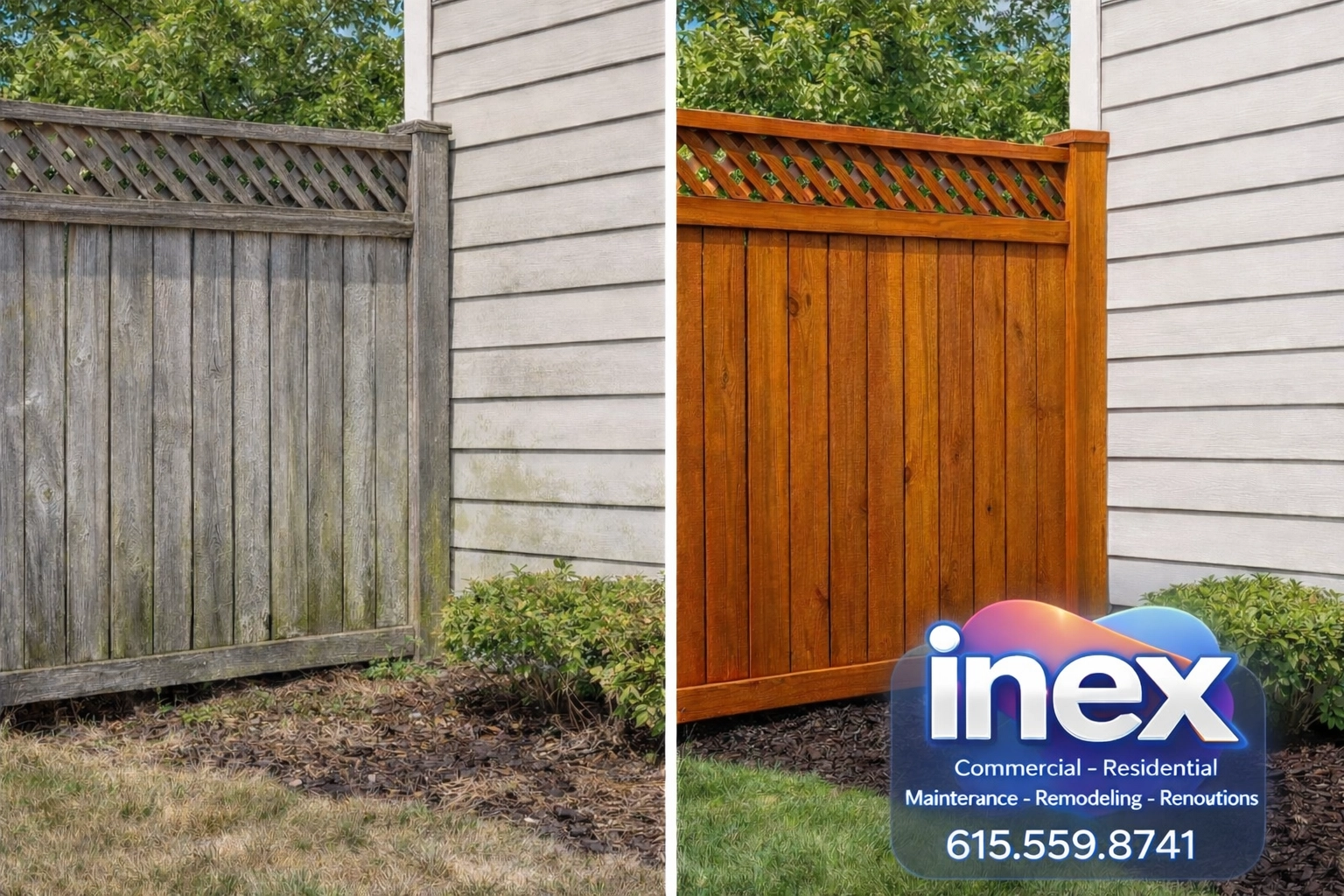 Comparison of weathered versus restored community fence and siding showing professional maintenance impact.