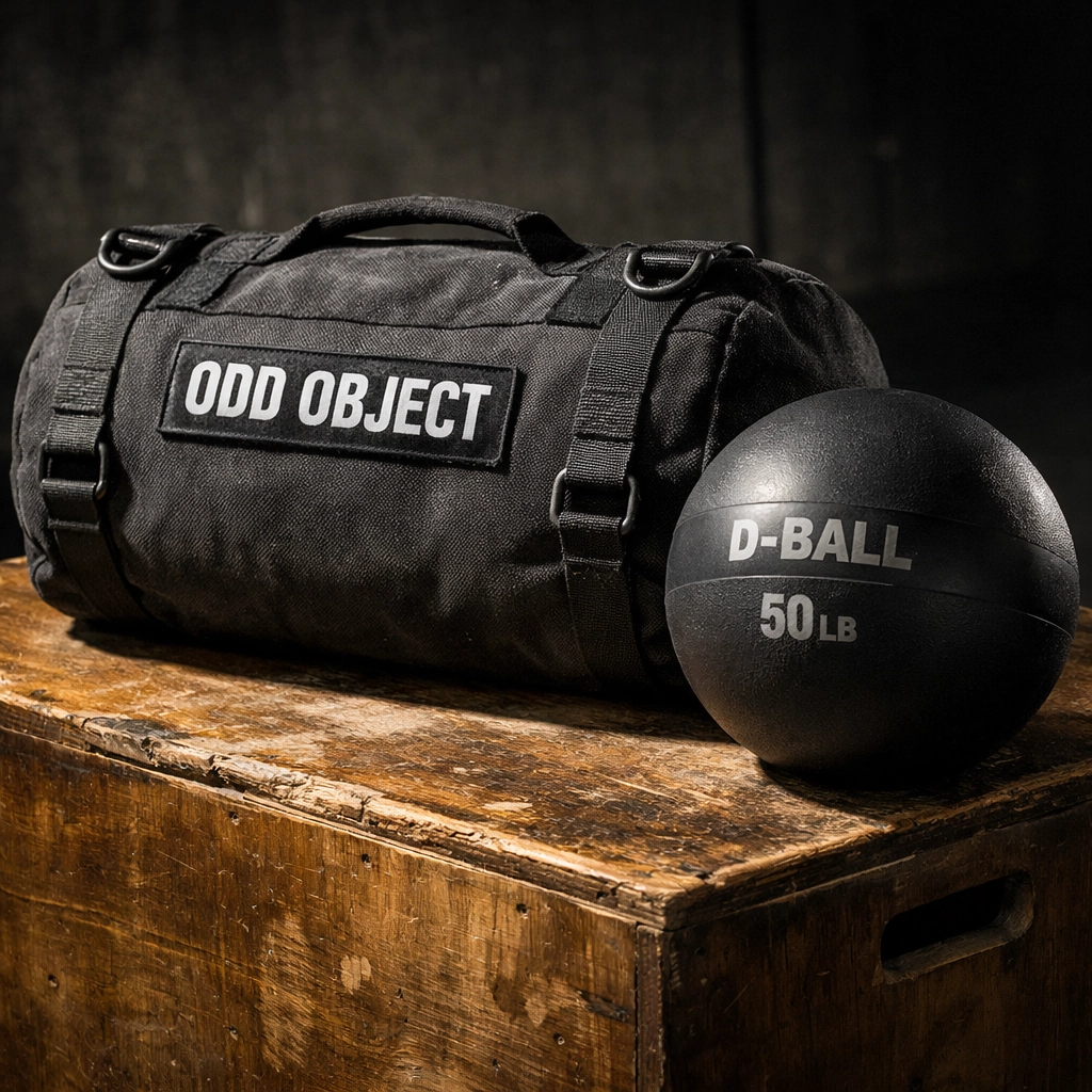 CrossFit home gym equipment including a sandbag, plyometric box, and slam ball for functional training.