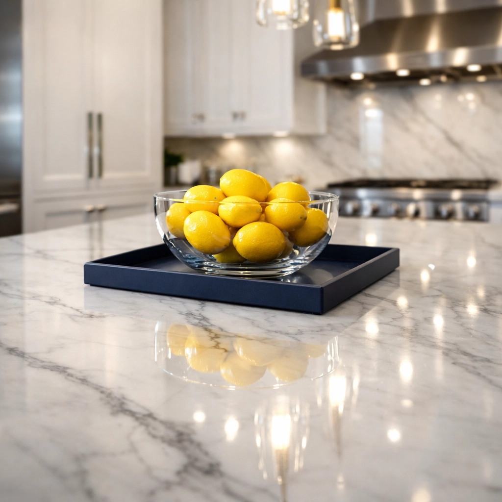 Professional luxury house cleaning Concord MA for a spotless white marble kitchen island.