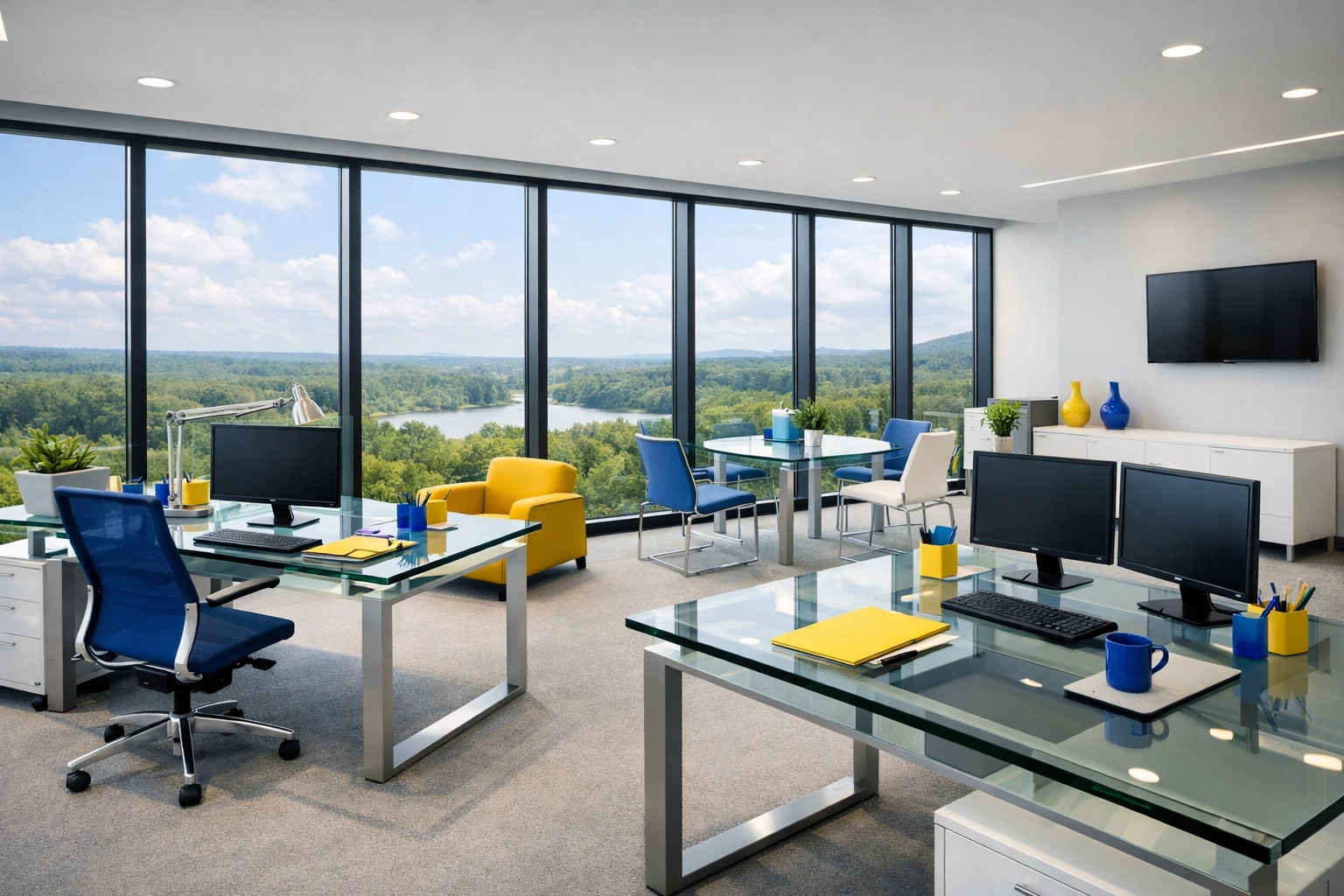 A pristine modern office suite in Carlisle after professional commercial cleaning and dust removal.