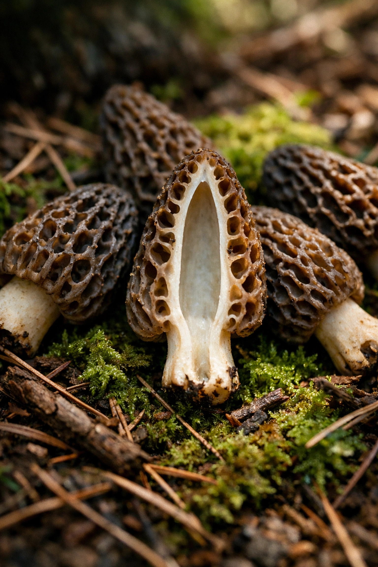 Freshly foraged morel mushrooms with honeycomb caps and hollow stems resting on Pacific Northwest forest moss.