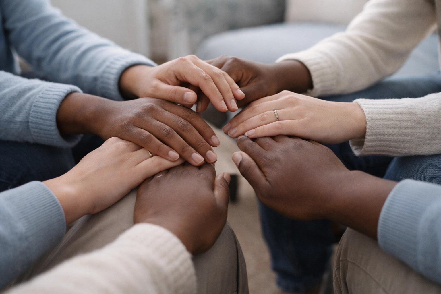 Diverse hands forming a circle representing safe space and community support in peer groups