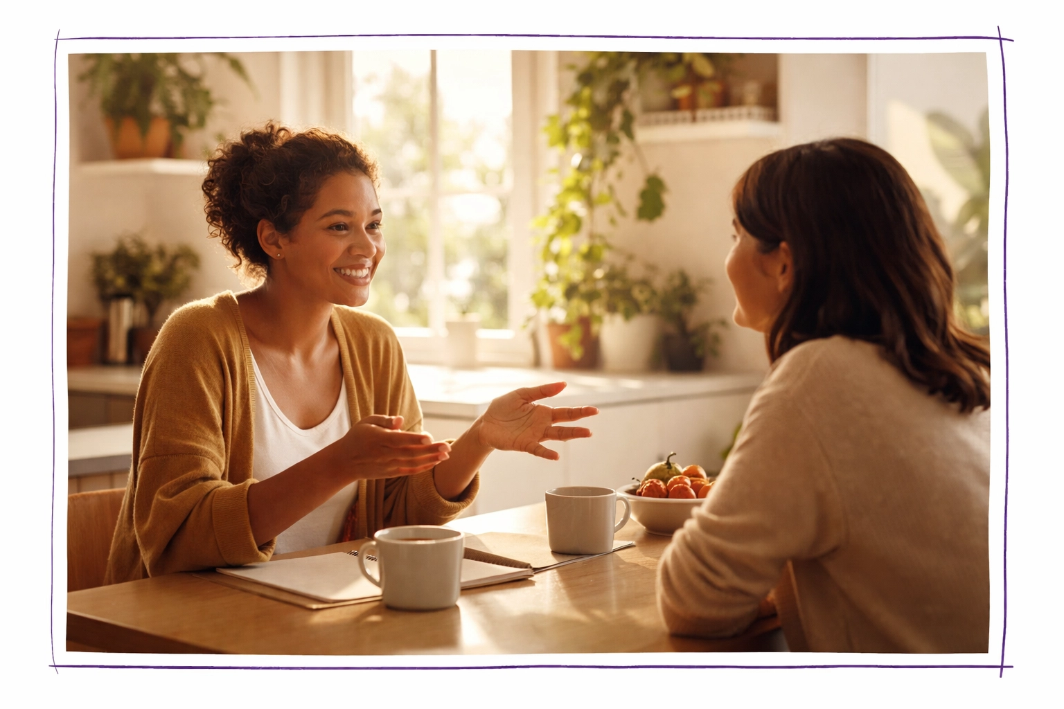 Two people discussing real estate options at a kitchen table, highlighting trust and open communication Two people discussing real estate options at a kitchen table, highlighting trust and open communication