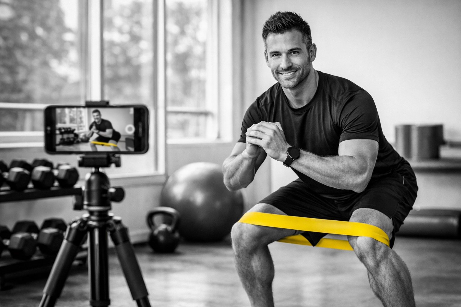 Personal trainer filming educational video content for social media to attract new clients without paid advertising