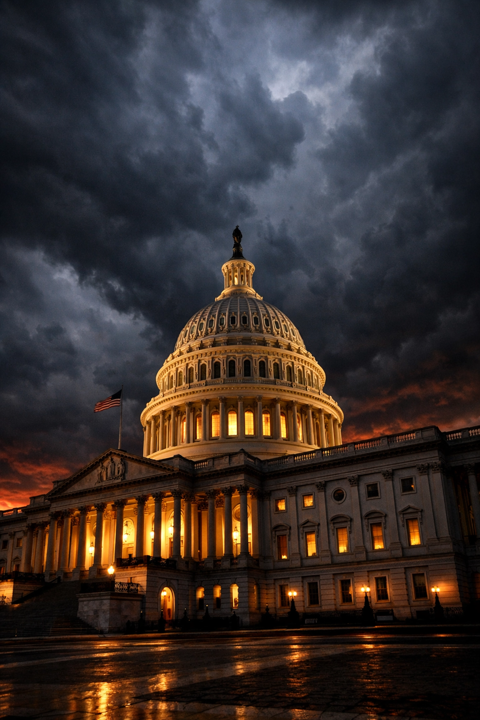U.S. Capitol building under dark storm clouds symbolizing rushed Patriot Act legislation after 9/11
