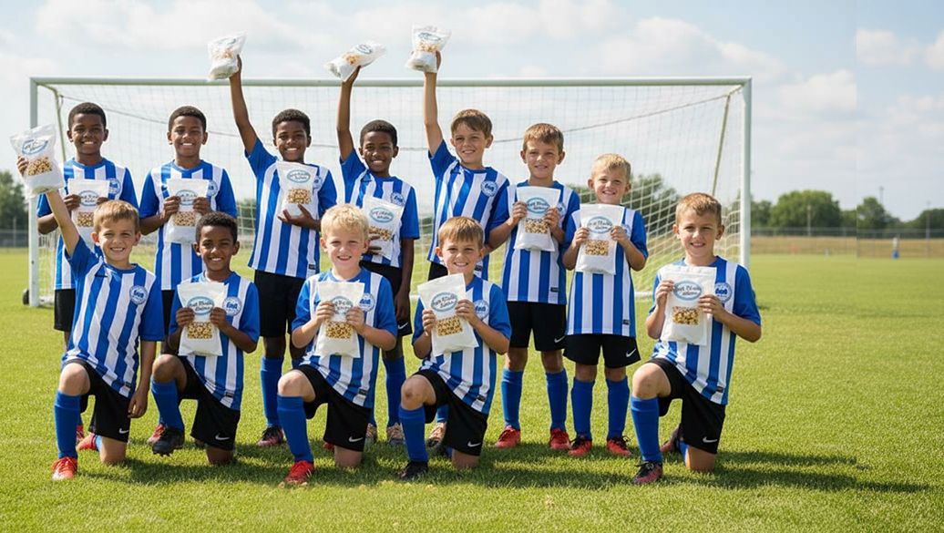 A youth soccer team in blue and white uniforms poses on a field, each player holding a Smith Family Popcorn fundraising bag.