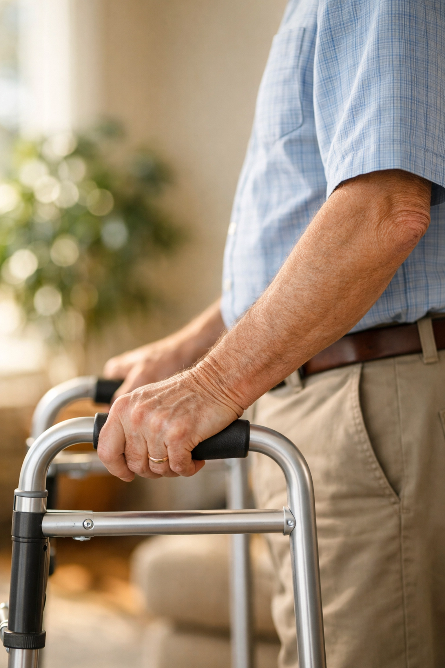 Senior man showing correct walker height with wrist crease aligned to the handgrips.