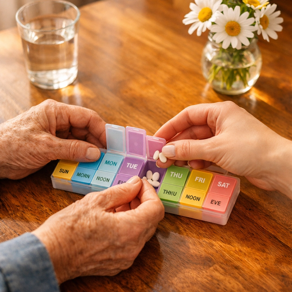 A caregiver helps a Houston senior organize medications in a weekly pill dispenser at home.