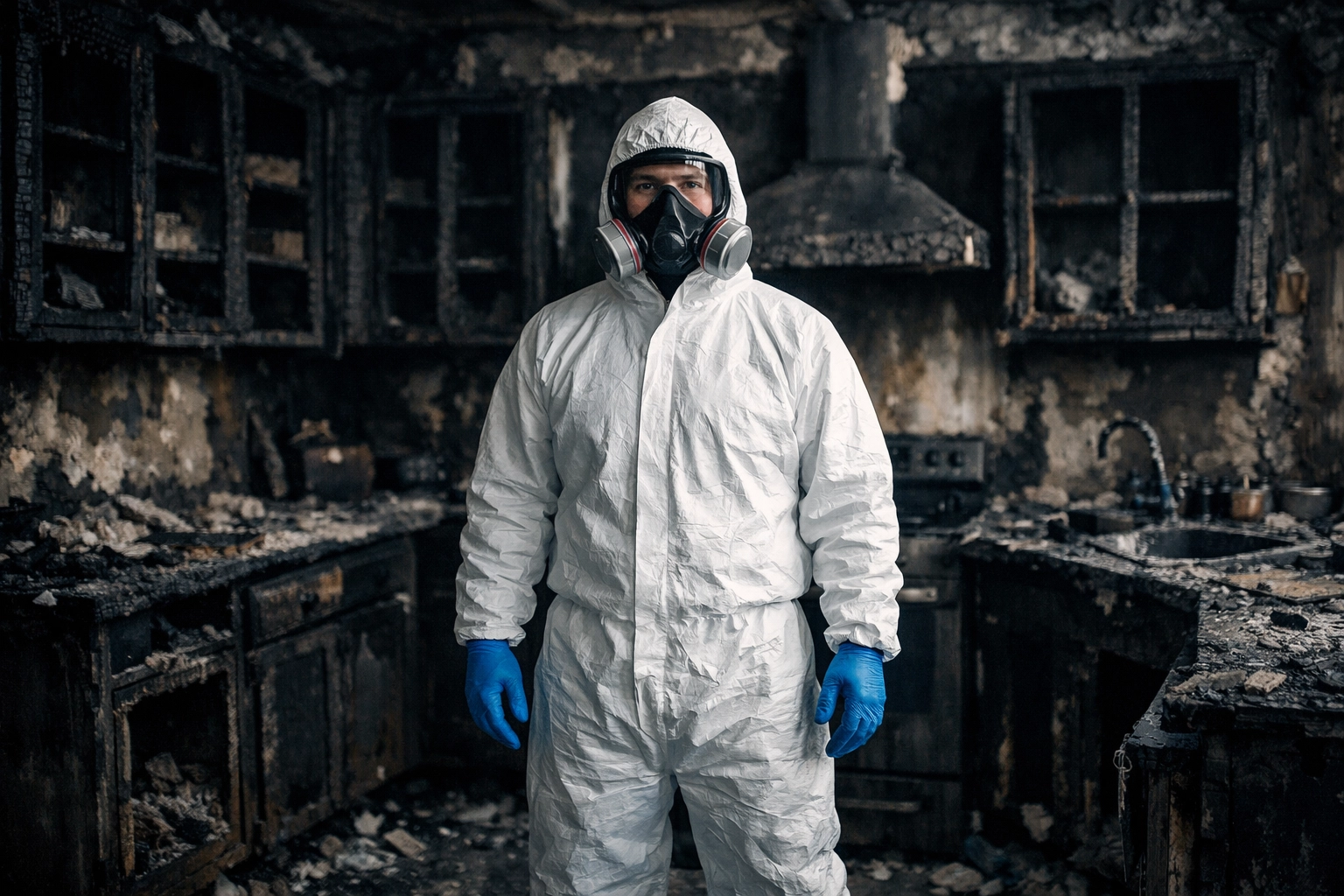 Certified fire damage restoration specialist in full protective gear inspecting a charred kitchen.