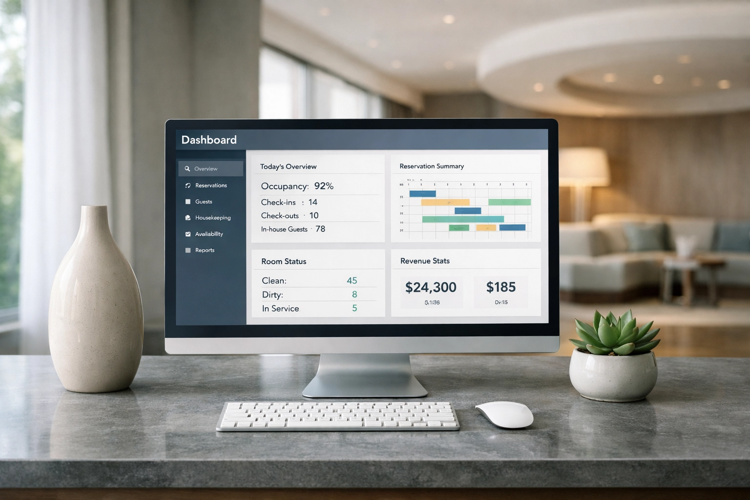 A modern hotel management workspace displaying real-time data and revenue analytics on a high-res monitor.