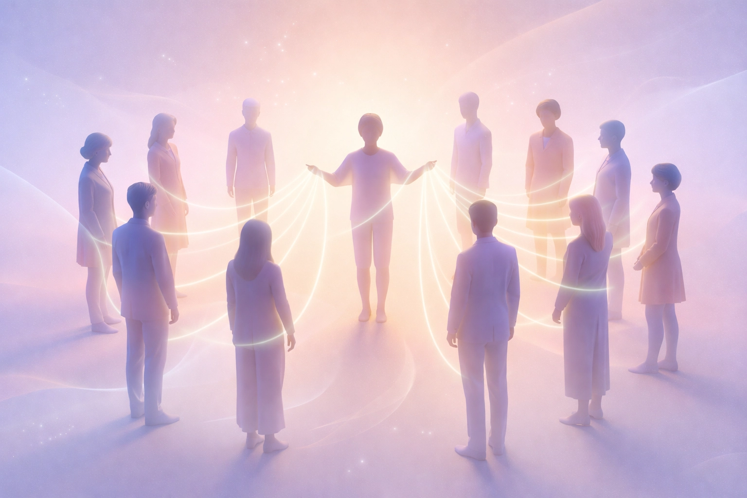 Teamwork and connection visualized as people linked by glowing threads in a collaborative workplace setting