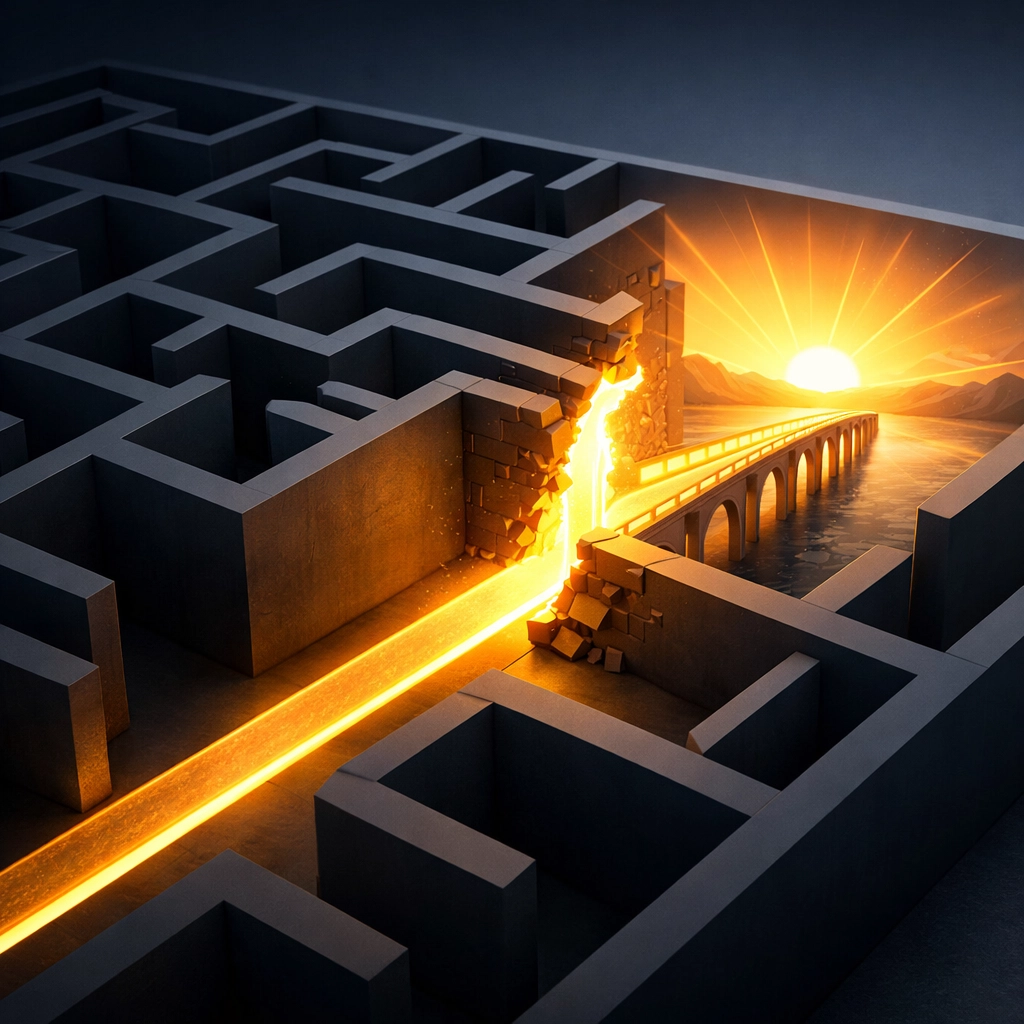 A glowing bridge through a labyrinth symbolizing a breakthrough via a strategic business pivot.