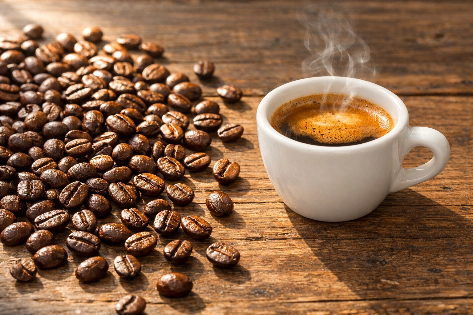 Specialty coffee beans and fresh espresso shot showcasing quality