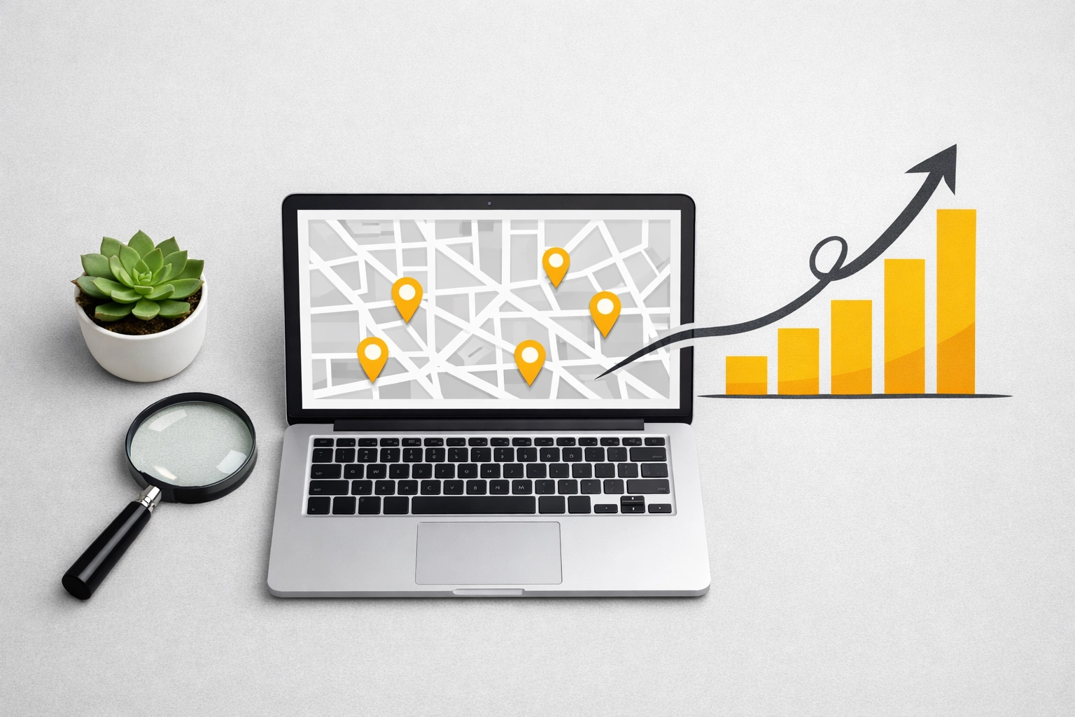 Laptop workspace showing local search map tracking and success charts for expert local SEO services.
