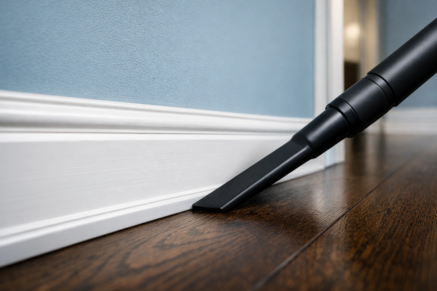 Expert deep cleaning services vacuuming dust from hard-to-reach baseboards and corners in a modern home.