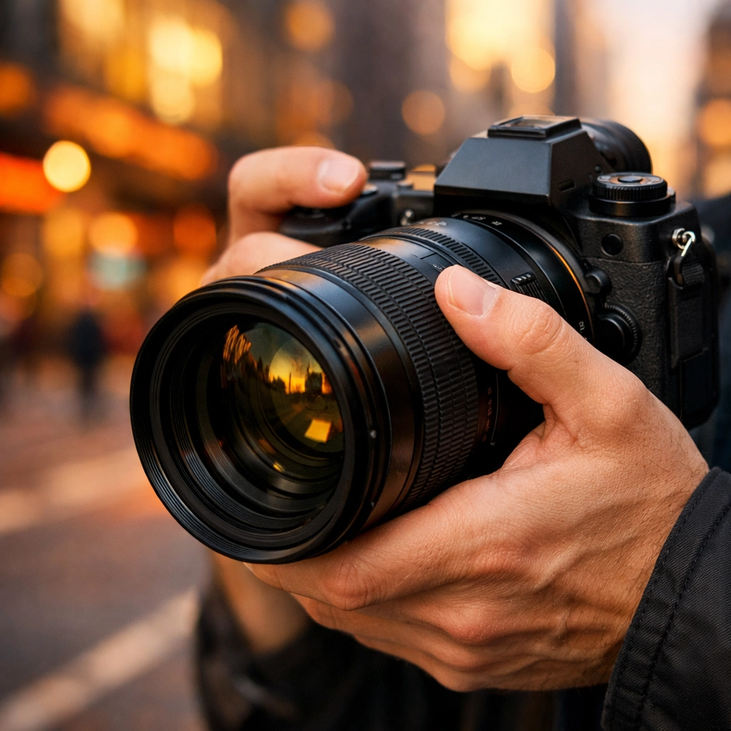 Close-up of a professional photographer focusing a high-end camera in an urban setting.