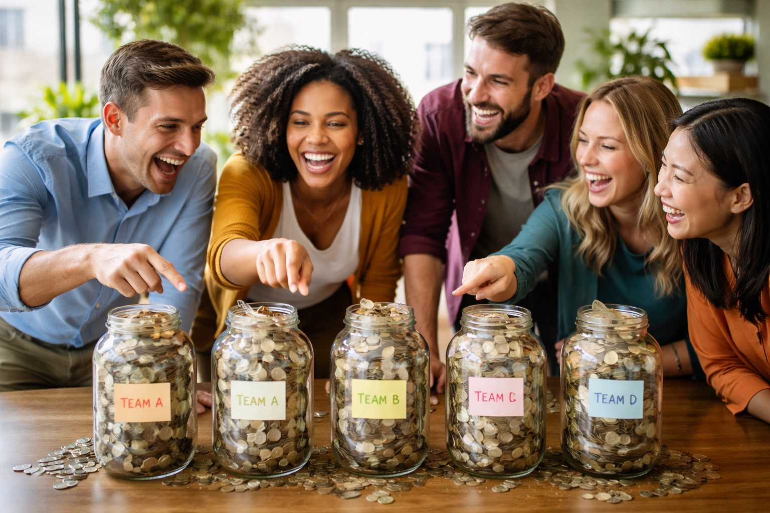 Colleagues laughing during a friendly office penny wars fundraising competition