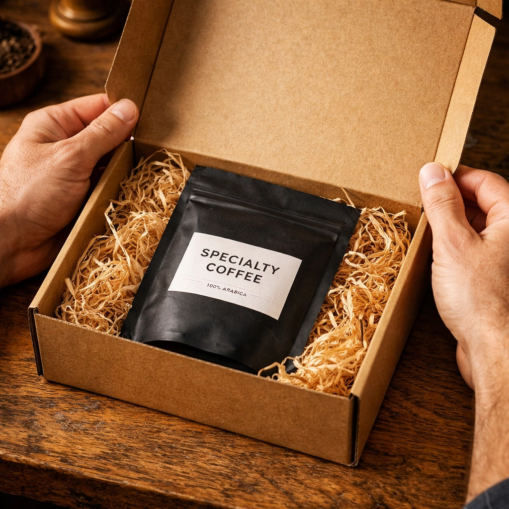 Close-up of a premium coffee unboxing experience, featuring eco-friendly packaging for a coffee subscription brand.