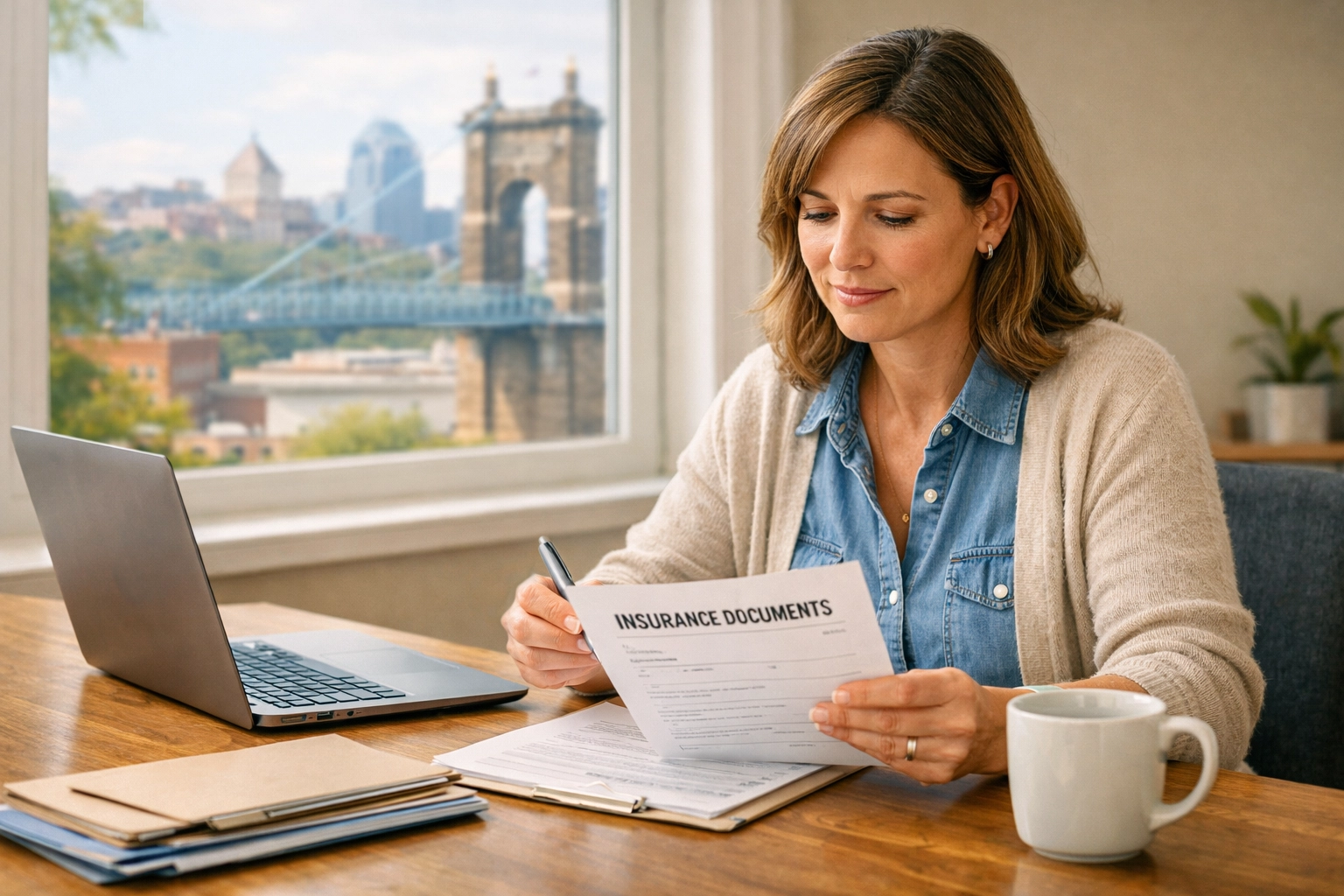 Business owner reviewing insurance policy documents at office desk in Hamilton County Ohio