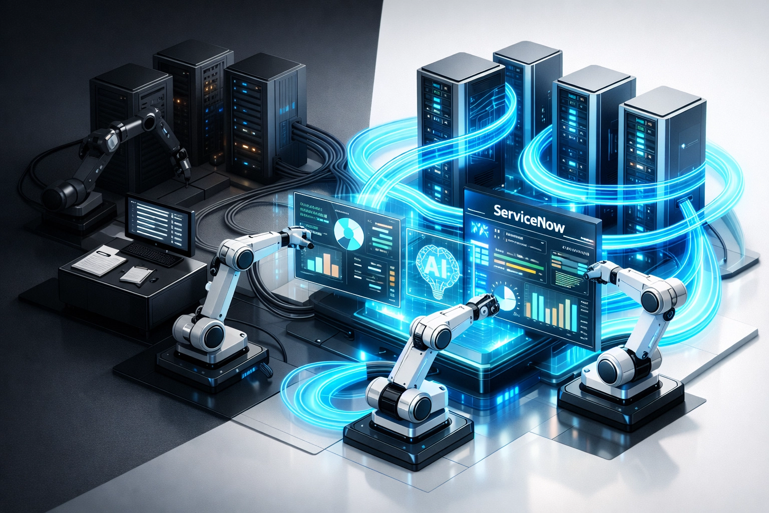 Agentic AI autonomous control center managing ServiceNow ITOM operations with data streams