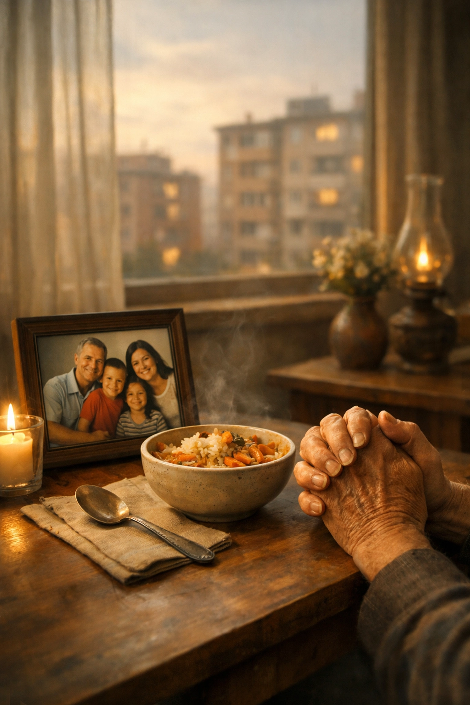 Family home interior with memorial photo and hands folded in prayer for grieving families