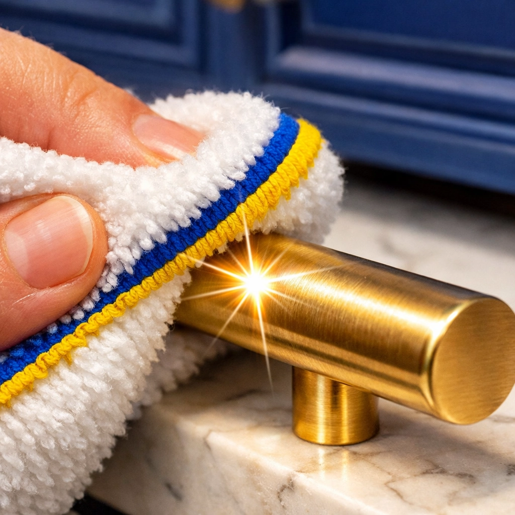 Polishing a gold cabinet handle during post construction cleaning in Bedford for a detailed final shine.