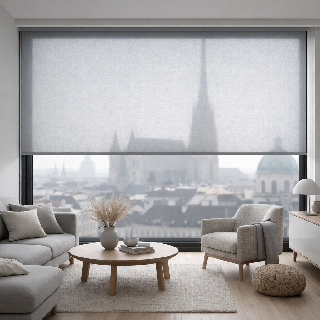 Moderner Sonnenschutz in Wien: Transparenter Zip Screen für blendfreies Licht im Wohnzimmer.