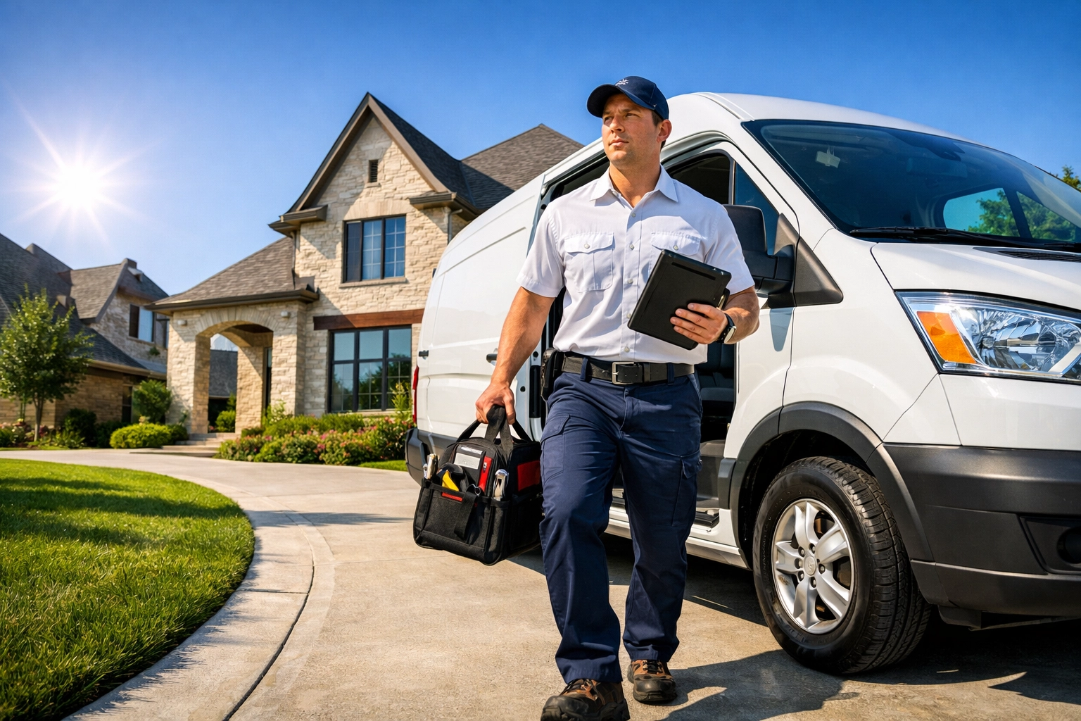 Professional handyman Dallas technician arriving at a North Texas home in a service van.