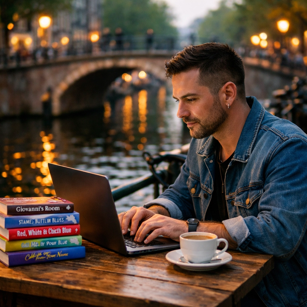 A queer author working on a laptop near an Amsterdam canal, surrounded by popular MM romance books.