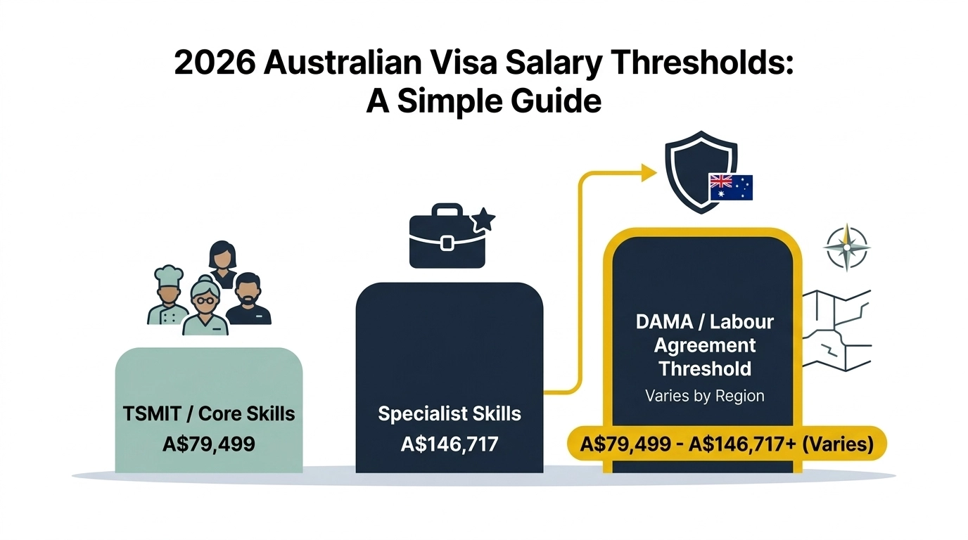 Minimal flat bar chart showing the three TSMIT salary threshold tiers for Australian employer-sponsored visas in 2026, using deep blue, muted teal, white, and gold accents.