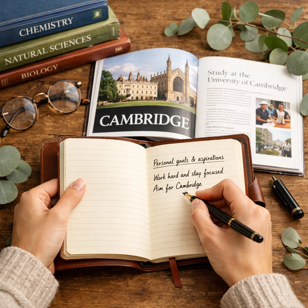 Student preparing Cambridge Natural Sciences application with prospectus and science books