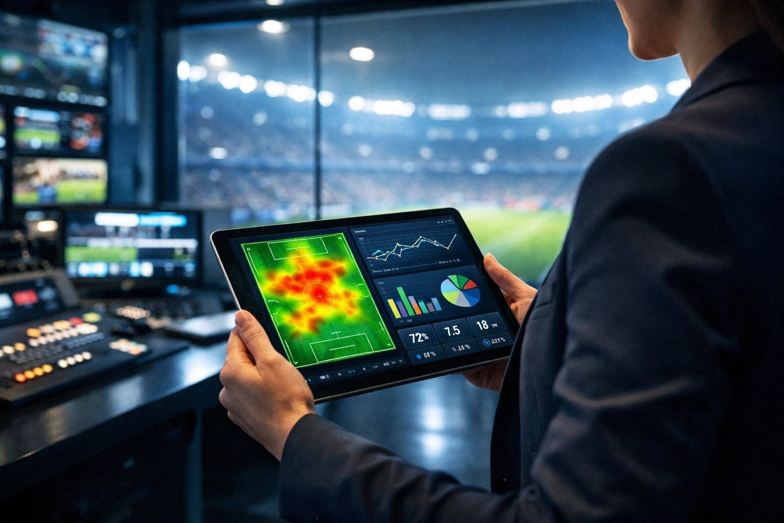 Digital analytics showing sports advertising performance and fan engagement data on a tablet.