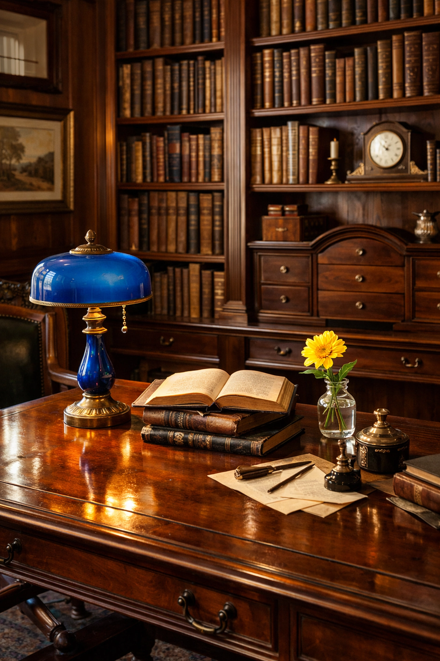 Meticulously dusted historic home library in Concord with polished mahogany wood shelves.