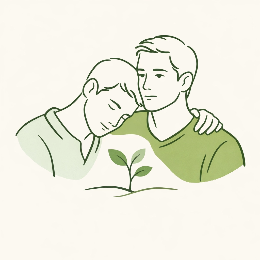 Minimalist illustration of a gay couple embracing, showing the power of rebirth in resilient love stories.