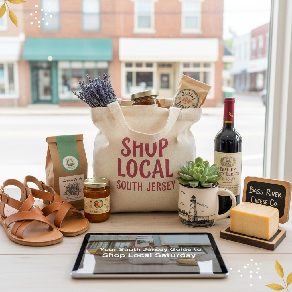 A vibrant street scene in a South Jersey town, bustling with shoppers and local businesses, representing the spirit of Shop Local Saturday.