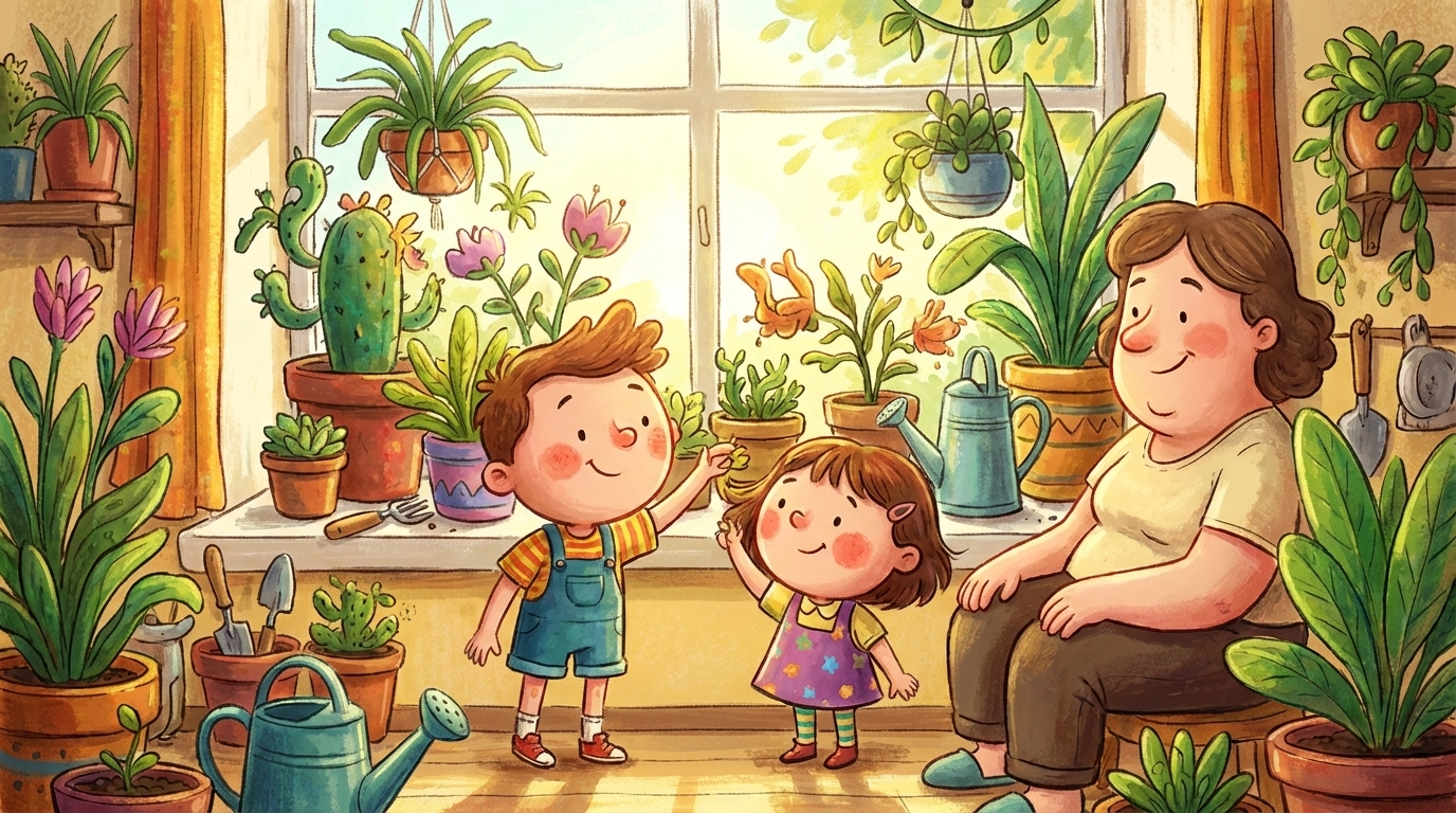 Cartoon children smiling and tending to indoor garden plants on a sunny windowsill, showing the joys of family indoor gardening.