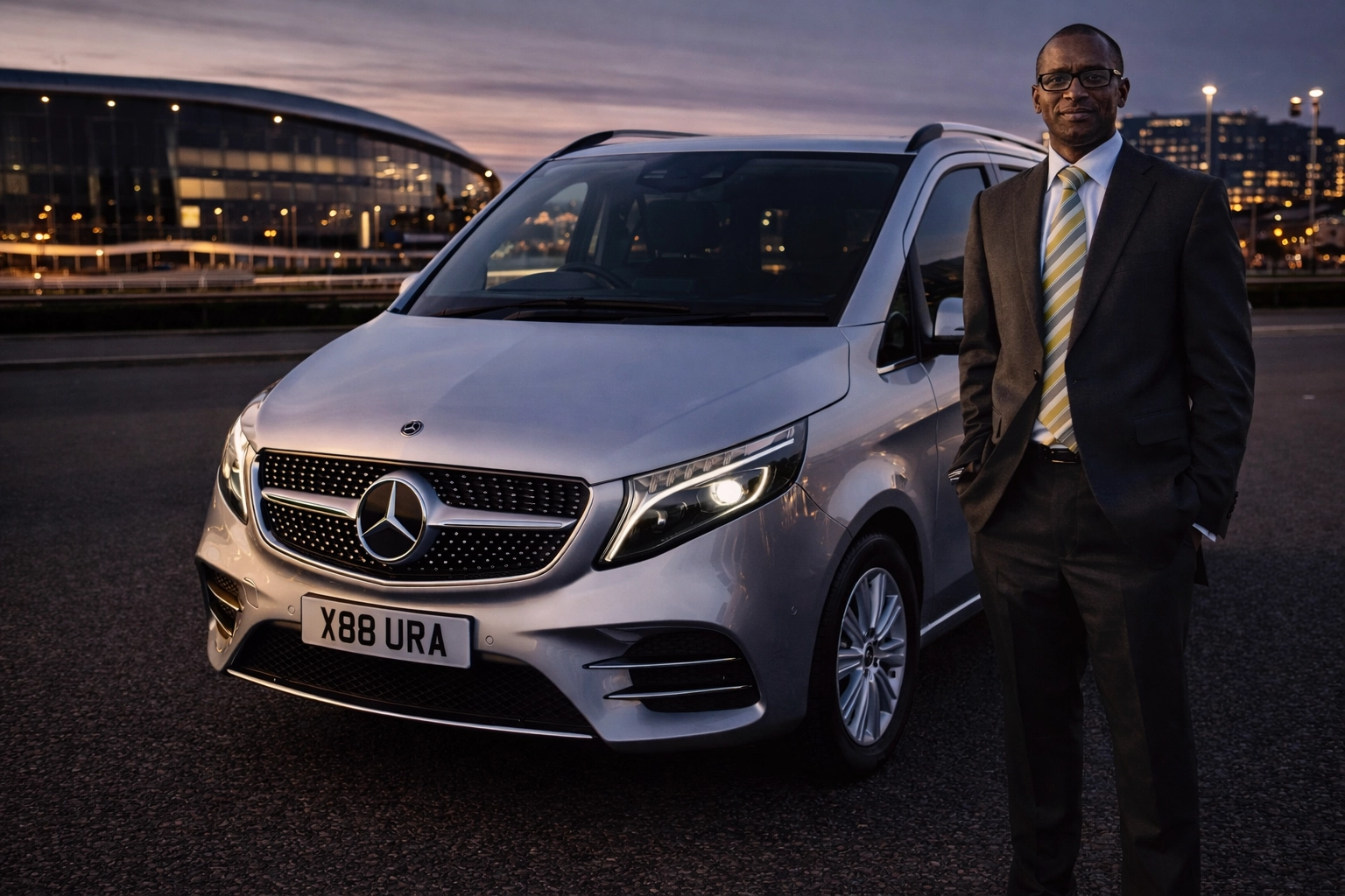 Silver Mercedes-Benz V-Class executive van with chauffeur near the Emirates Arena and Sir Chris Hoy Velodrome in Glasgow.